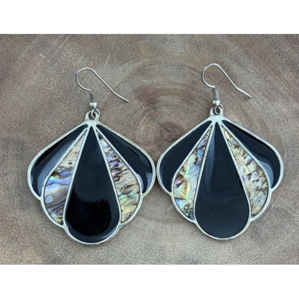 Vintage Black Enamel Inlay Abalone Silver Tone Dangle Fan Statement Earrings